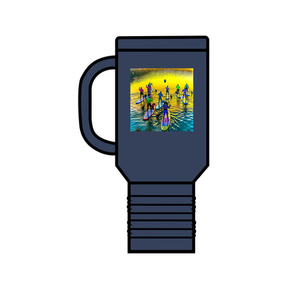 Sophisticated Fantasy Paddleboarding 40oz Insulated Travel Mug in dark blue featuring whimsical paddleboarding graphics, the perfect companion for luxury seekers.