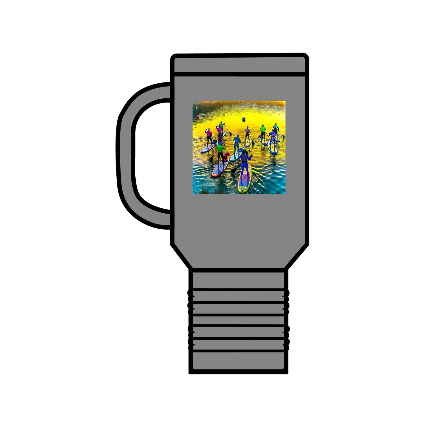 Chic Fantasy Paddleboarding 40oz Insulated Travel Mug in grey with playful paddleboarding imagery, merging elegance with functionality for your adventures.