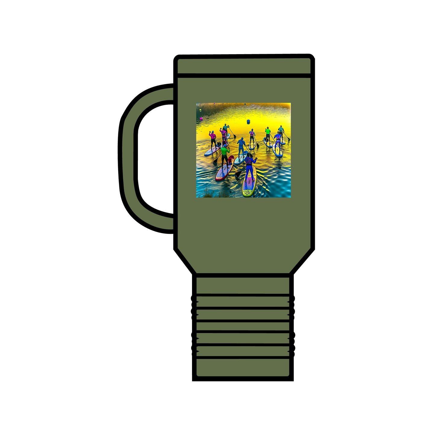 Fantasy Paddleboarding 40oz Insulated Travel Mug in green, featuring a vibrant scene of paddleboarders on water, elegantly designed for luxury and outdoor adventures.