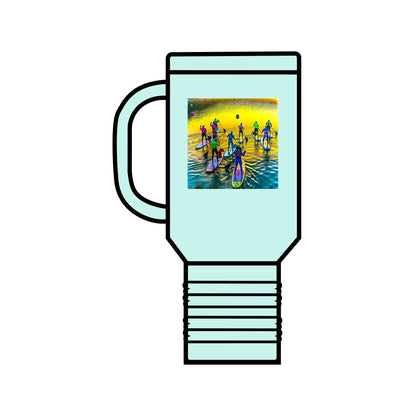 Fantasy Paddleboarding 40oz Insulated Travel Mug in light blue, featuring an artistic design of paddleboarders, blending functionality with a luxurious aesthetic.