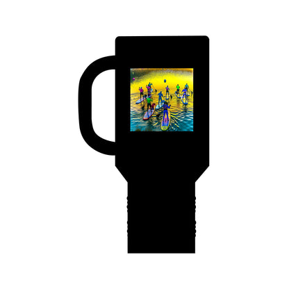 Fantasy Paddleboarding 40oz Insulated Travel Mug in black, showcasing a beautiful illustration of paddleboarders, perfect for stylish sipping during your adventures.
