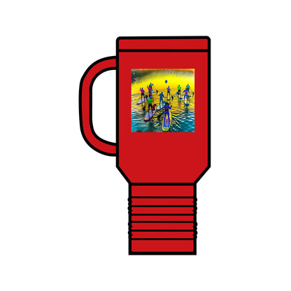 Fantasy Paddleboarding 40oz Insulated Travel Mug in red, adorned with an artistic depiction of paddleboarders on shimmering water, ideal for the discerning traveller.