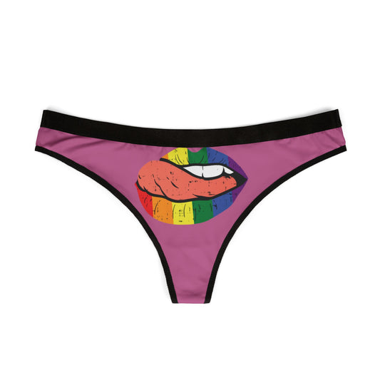 Elegant purple thong showcasing a striking rainbow lip illustration, designed for cheeky romantic gestures and sassy celebrations.