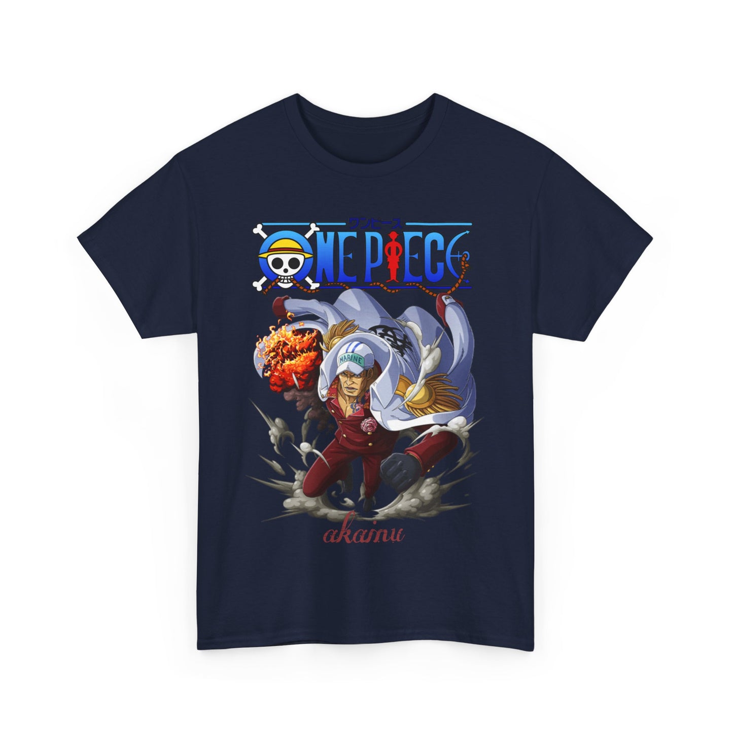 Chic navy One Piece Akainu graphic t-shirt design featuring striking colours and dynamic illustration perfect for modern streetwear.