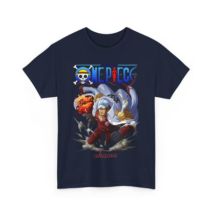 Chic navy One Piece Akainu graphic t-shirt design featuring striking colours and dynamic illustration perfect for modern streetwear.