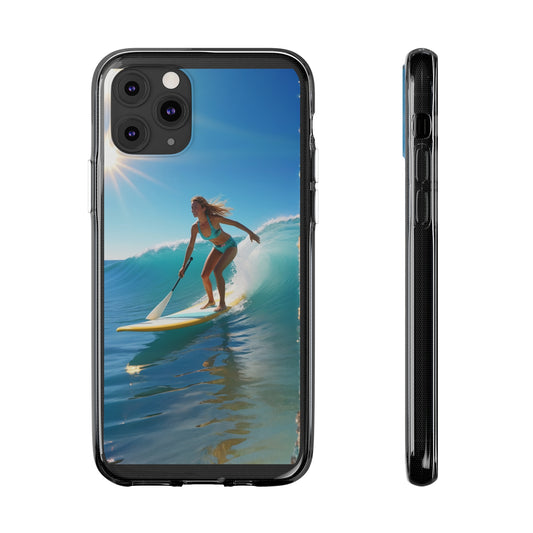 Luxury custom soft phone case with a vibrant surf scene, designed for Apple, Samsung & Google Pixel, made with durable TPU for flexible protection.