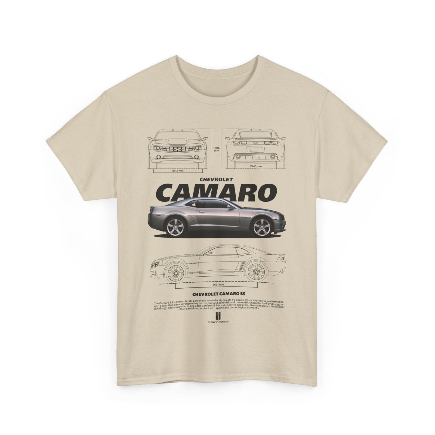 Eye-catching beige T-shirt design highlighting the Chevrolet Camaro with technical sketches and stylish graphics, perfect for automotive enthusiasts.