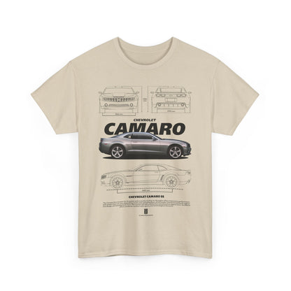 Eye-catching beige T-shirt design highlighting the Chevrolet Camaro with technical sketches and stylish graphics, perfect for automotive enthusiasts.