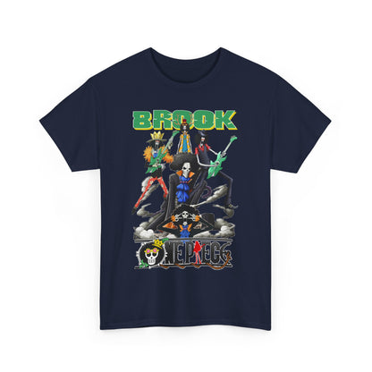 Luxury men's t-shirt depicting vibrant graphic of Brook and his crew from anime, showcasing a dynamic design with bold colours and stylish typography, perfect for anime enthusiasts.
