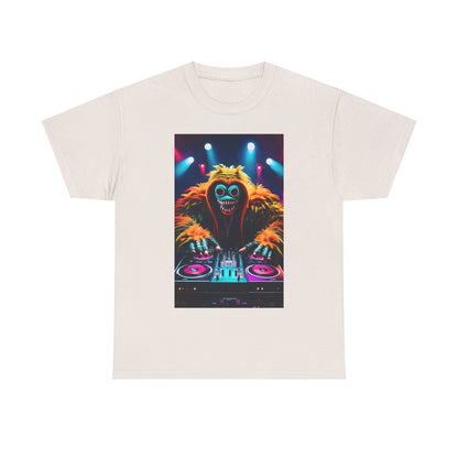 Street Monster Graphic T-Shirt in cream featuring a unique DJ monster design, enhancing your luxury streetwear collection.
