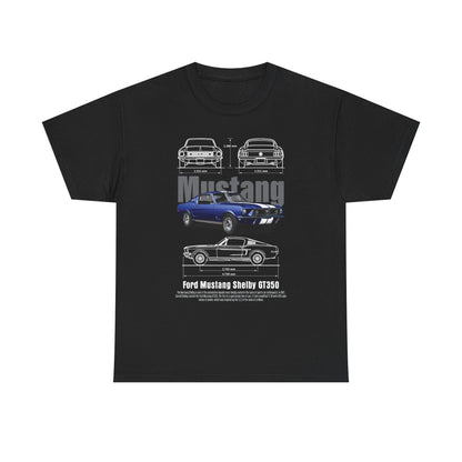 Elegant black men's t-shirt featuring a striking graphic design of the Ford Mustang Shelby GT350, showcasing front, back, and side views with precision measurements, perfect for automotive enthusiasts.