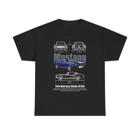 Elegant black men's t-shirt featuring a striking graphic design of the Ford Mustang Shelby GT350, showcasing front, back, and side views with precision measurements, perfect for automotive enthusiasts.