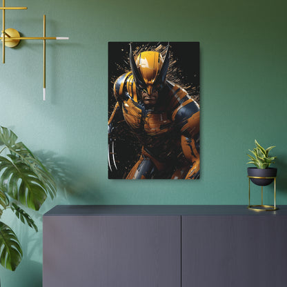Wolverine Metal Art Poster elegantly mounted on a stylishly painted green wall, showcasing its fierce and dynamic design while complementing modern decor.