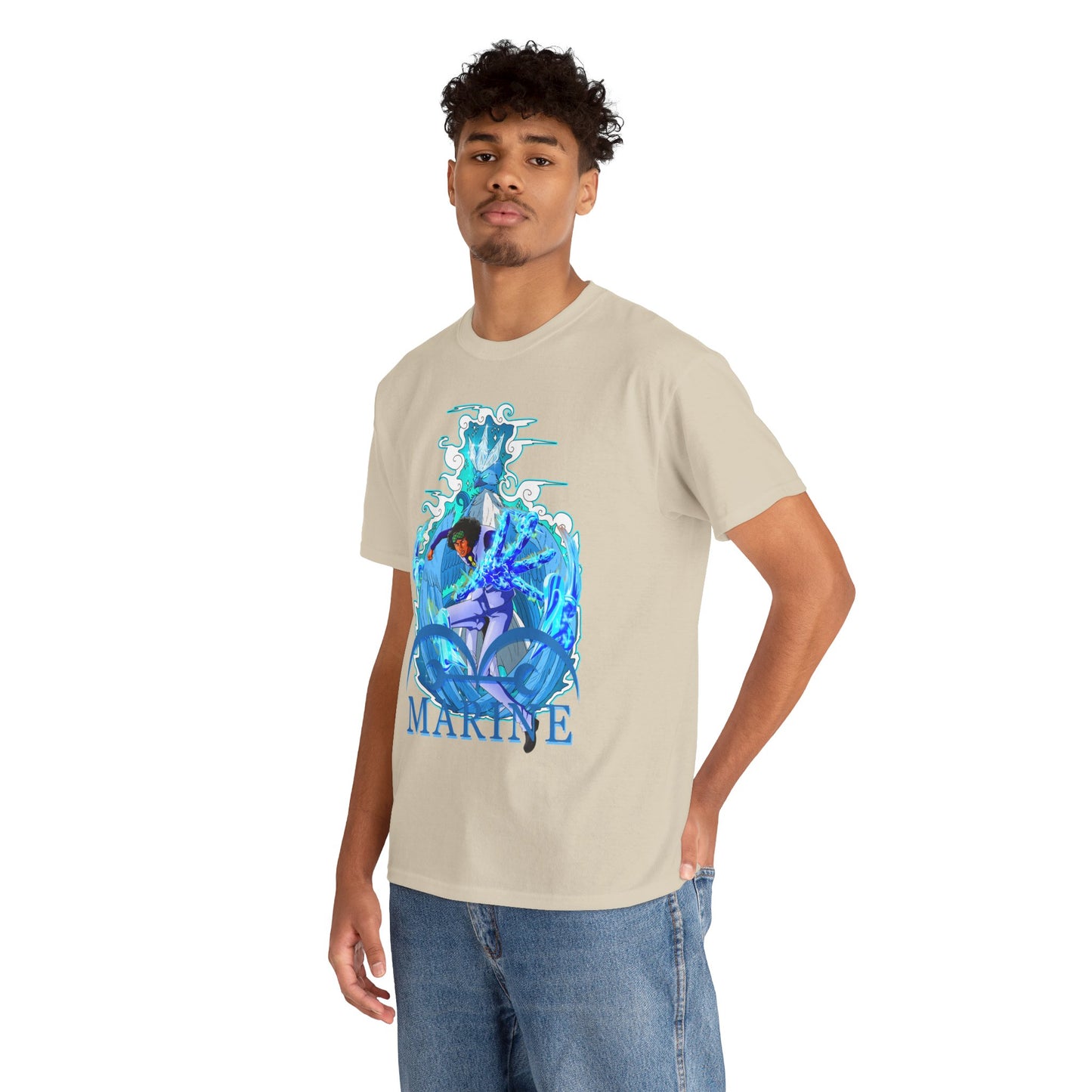 Elegant men's t-shirt adorned with a vibrant marine-themed anime graphic. This shirt highlights dynamic patterns and the 'MARINE' name in an artistic font, ideal for fashion-forward anime fans.
