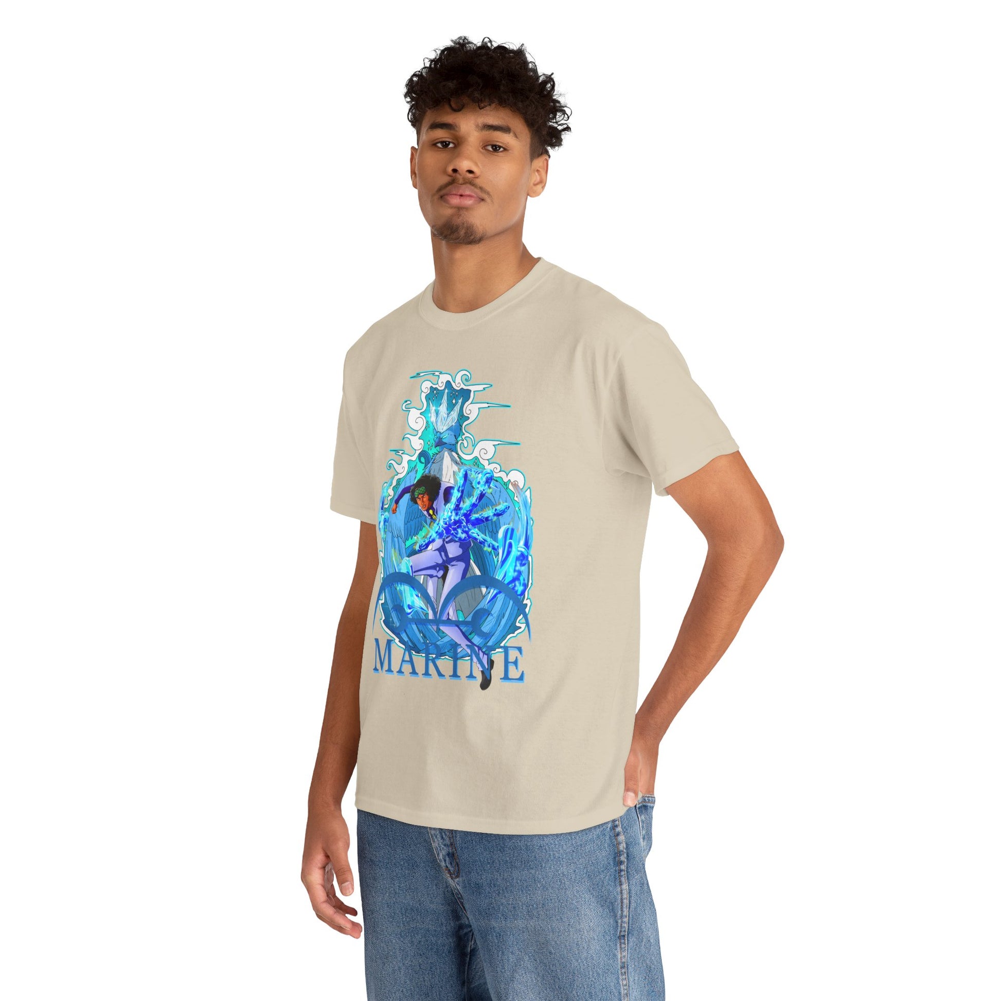 Elegant men's t-shirt adorned with a vibrant marine-themed anime graphic. This shirt highlights dynamic patterns and the 'MARINE' name in an artistic font, ideal for fashion-forward anime fans.