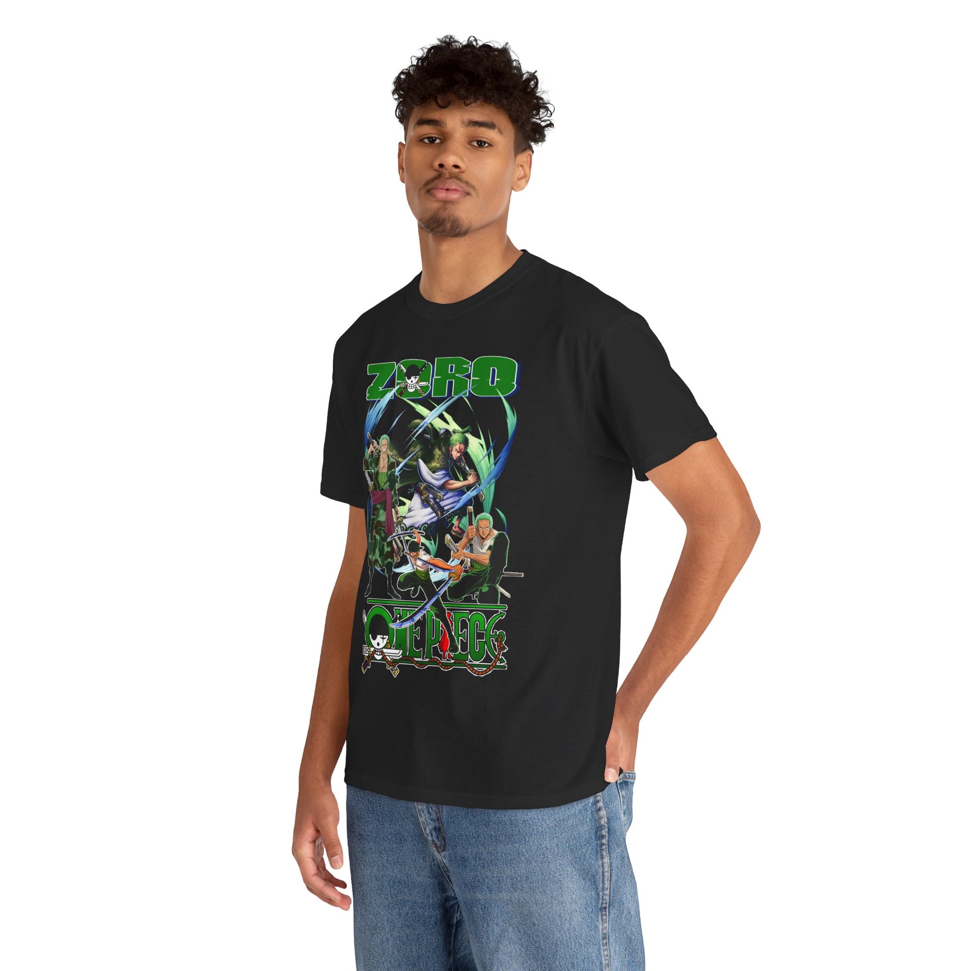 Fashionably dressed man in a black One Piece 'Zoro' graphic t-shirt, exuding confidence and elegance, embodying the essence of anime-inspired luxury.