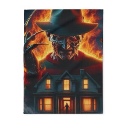 Decorative and Warm Halloween Freddy Krueger Spooky Arctic Fleece Blanket featuring a chilling illustration of Freddy Krueger against a fiery backdrop, perfect for Halloween decor.