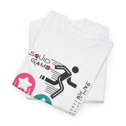 Sophisticated white Squid Game t-shirt, neatly folded and revealing a captivating design that features colourful graphics, blending comfort and stylish flair effortlessly.