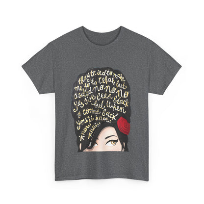 Amy Rehab Lyrics Graphic Tee - Luxurious Unisex Cotton T-Shirt showcasing an edgy design with iconic song lyrics in gold on a charcoal grey fabric.
