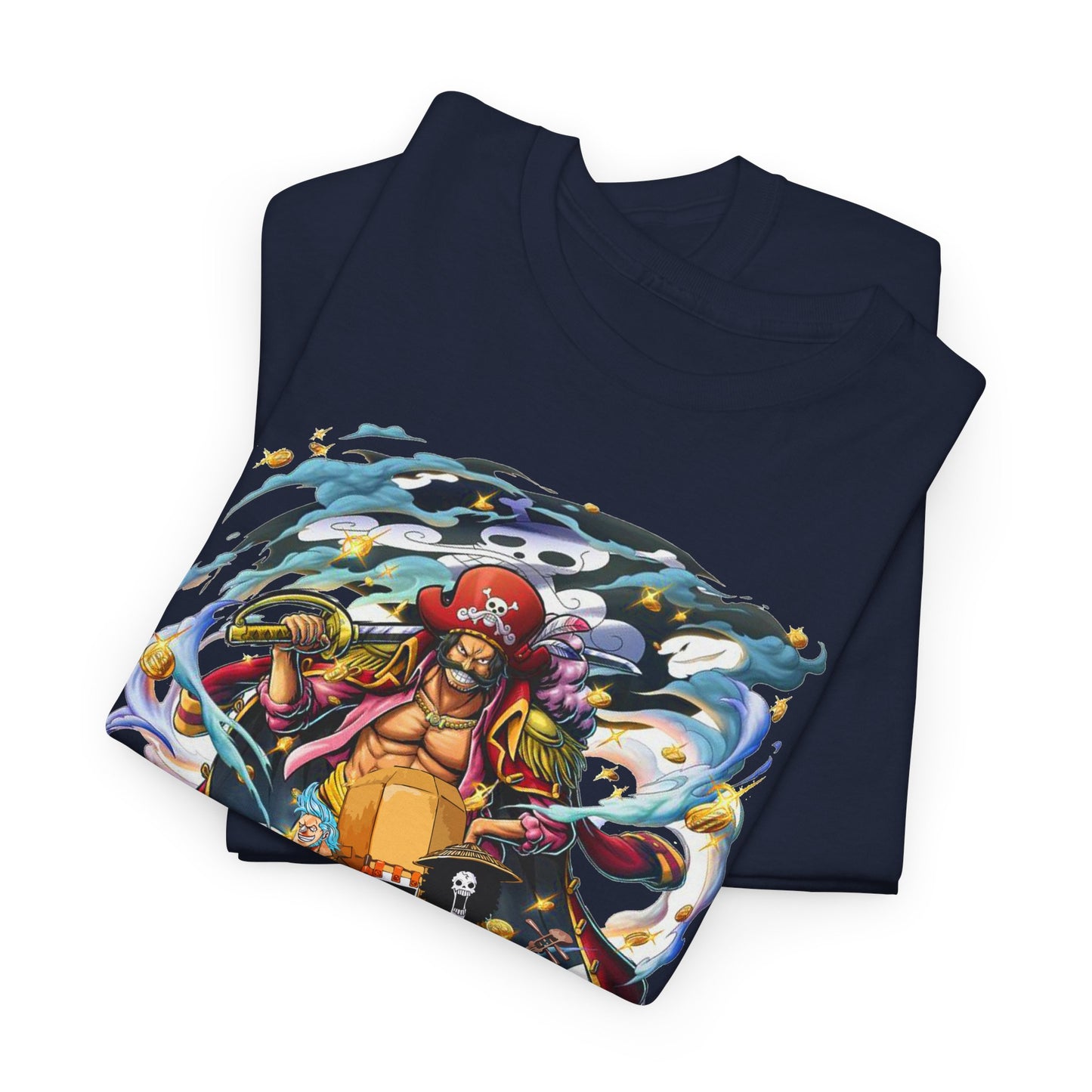 Lavish Epic 1 Piece Adventure Men's T-Shirt featuring a vibrant pirate-themed graphic design, showcasing intricate details and dynamic colour contrasts, perfect for anime aficionados.