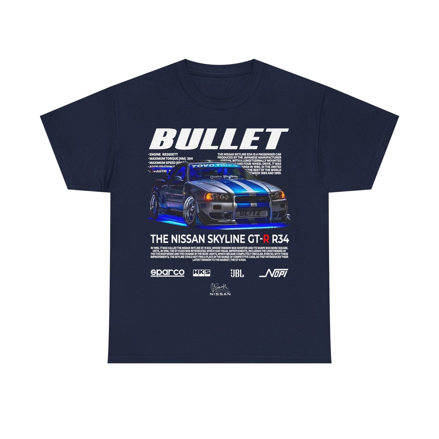 Sophisticated Nissan Skyline GT-R R34 graphic T-shirt in navy, presenting intricate vehicle artwork and specifications, designed for premium style and automotive passion.