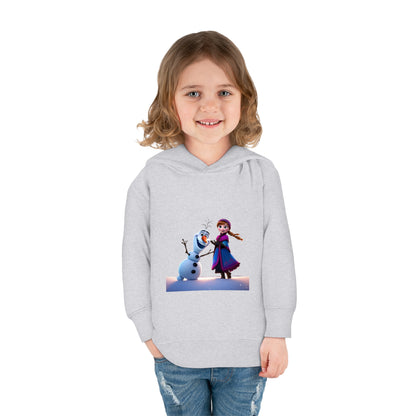 Enchanting Girls Olaf Frozen Hoodie displayed on a young girl, complete with whimsical Olaf and Anna prints, designed for comfort and fun at 2-5 years of age.