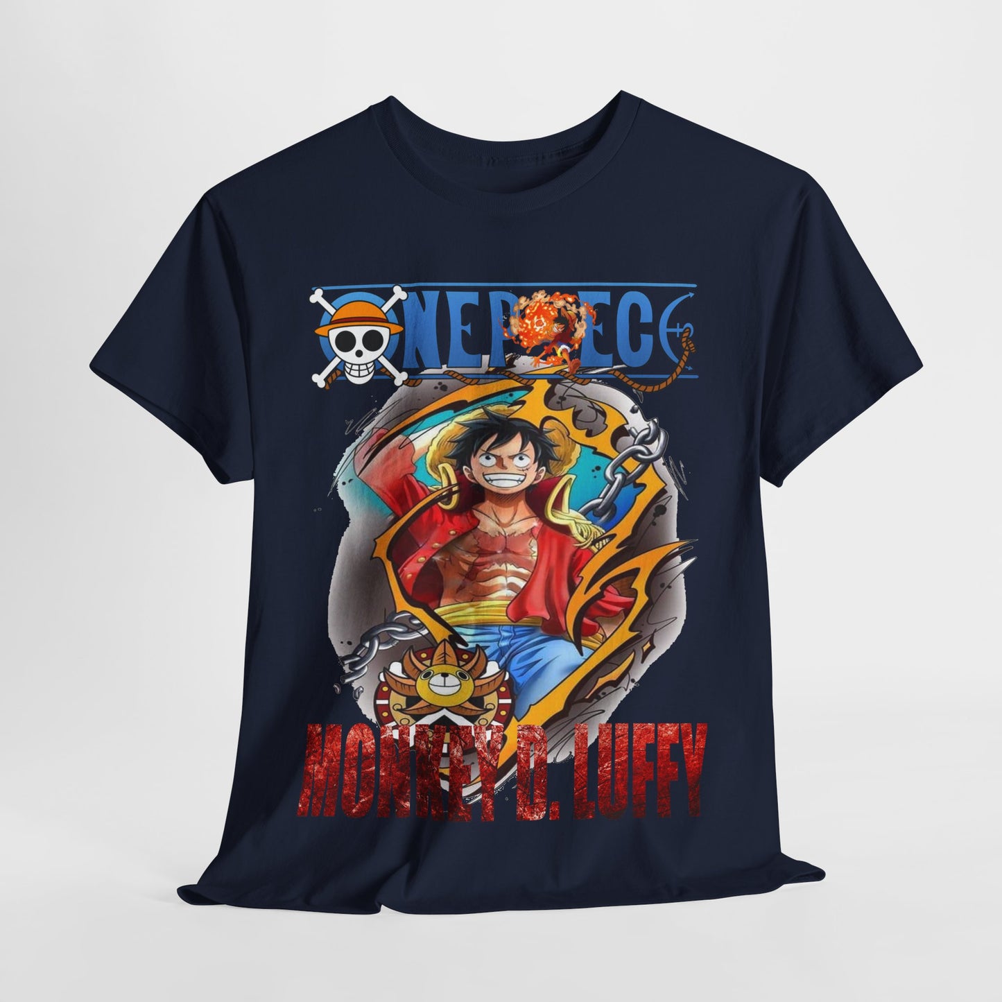 Luxurious navy blue t-shirt featuring a vibrant graphic of Monkey D. Luffy from ONE PIECE with dynamic colours and stylish design.