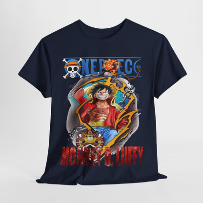 Luxurious navy blue t-shirt featuring a vibrant graphic of Monkey D. Luffy from ONE PIECE with dynamic colours and stylish design.
