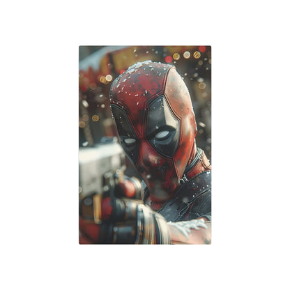Stunning Deadpool Metal Art Poster featuring a close-up of Deadpool's masked face, showcasing intricate details and vibrant colours, perfect for high-quality wall décor.