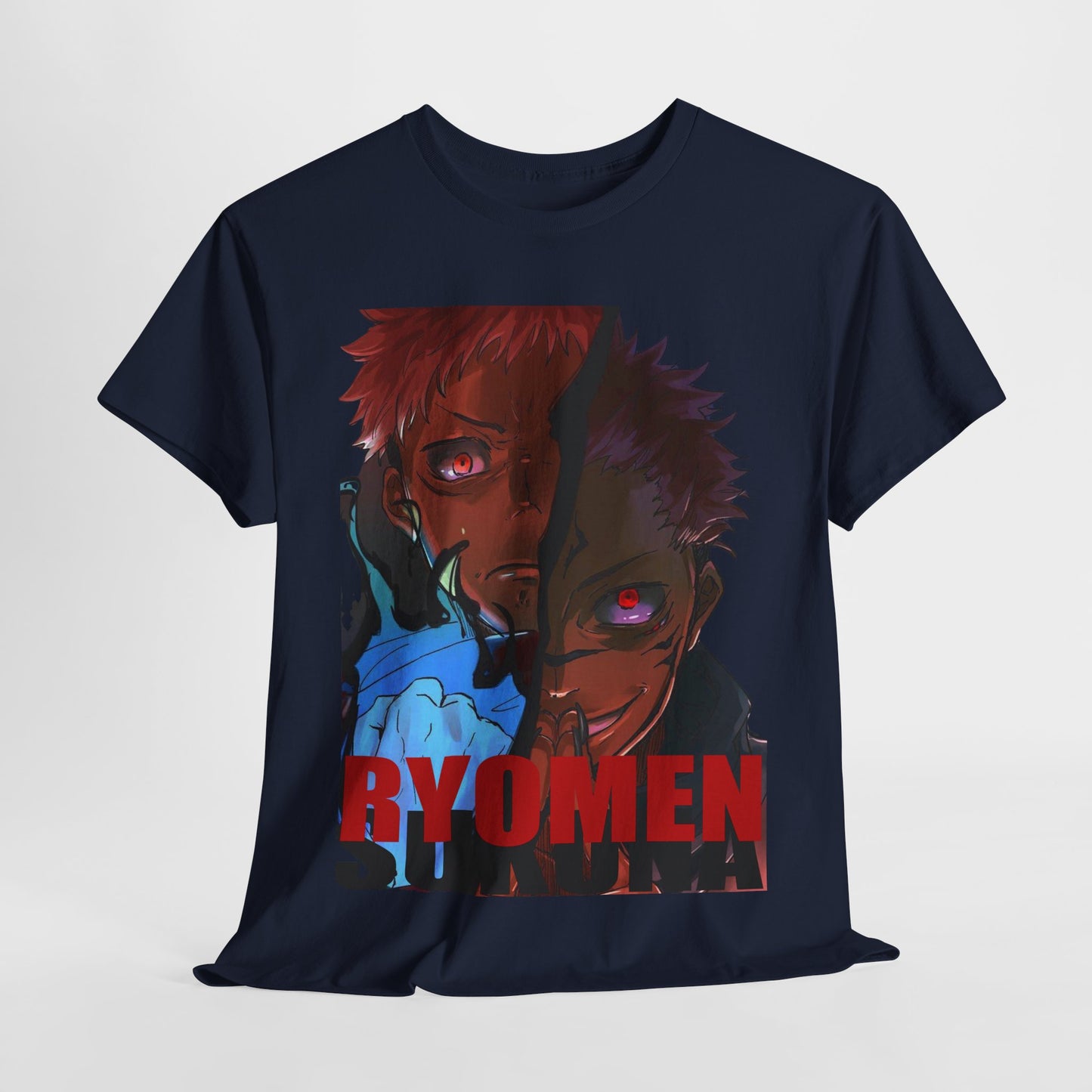 Sleek navy t-shirt adorned with a vibrant Ryomen Sukuna illustration, highlighting bold colours and intricate details to reflect a sense of style and luxury.
