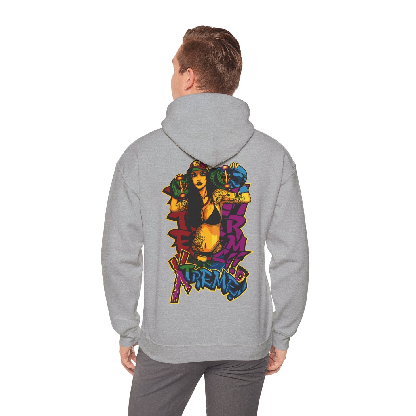 Chic grey hoodie worn by a model, featuring a bold skateboarder graphic on the back that embodies urban culture and fashion essence.