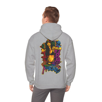 Chic grey hoodie worn by a model, featuring a bold skateboarder graphic on the back that embodies urban culture and fashion essence.