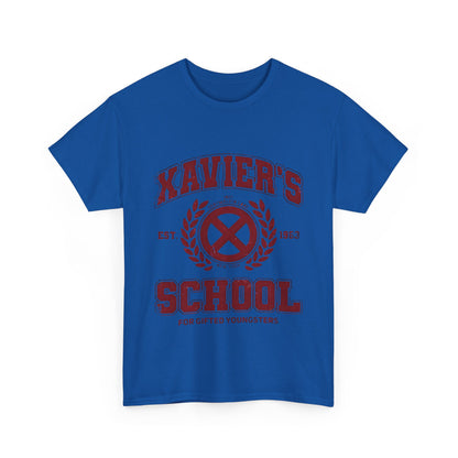 Chic unisex tee shirt in bold blue, adorned with the Xavier's School for Gifted Youngsters X-Men logo, perfect for stylish enthusiasts.