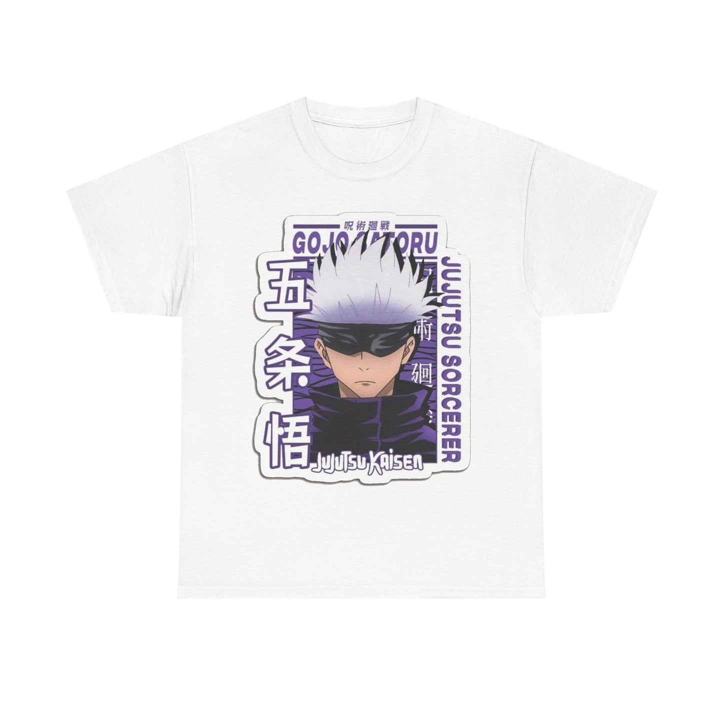 Elegant white Gojo Satoru T-shirt with striking 'Jujutsu Sorcerer' design, perfect for fashionable anime lovers.