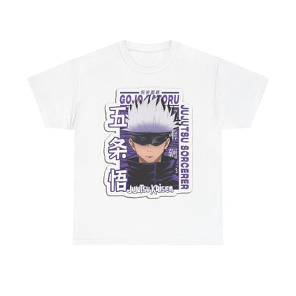 Elegant white Gojo Satoru T-shirt with striking 'Jujutsu Sorcerer' design, perfect for fashionable anime lovers.