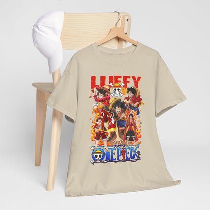 Chic One Piece themed t-shirt elegantly hung with a hat, styled on a minimalist chair, representing a perfect blend of comfort and luxury for anime lovers.