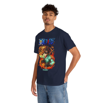 A model showcasing a stylish navy blue t-shirt featuring a vibrant design of Sabo from One Piece, exuding an adventurous spirit, perfect for anime enthusiasts.