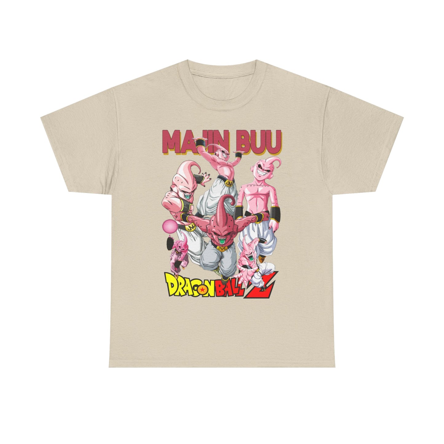 Elegant beige t-shirt with captivating 'Majin Buu' artwork from Dragon Ball Z, highlighting playful pink characters in dramatic expressions, ideal for stylish streetwear.
