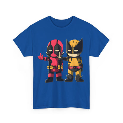 Front view of a luxurious blue graphic unisex tee shirt featuring chibi styled Deadpool and Wolverine in a humorous pose, perfect for fans and casual attire.