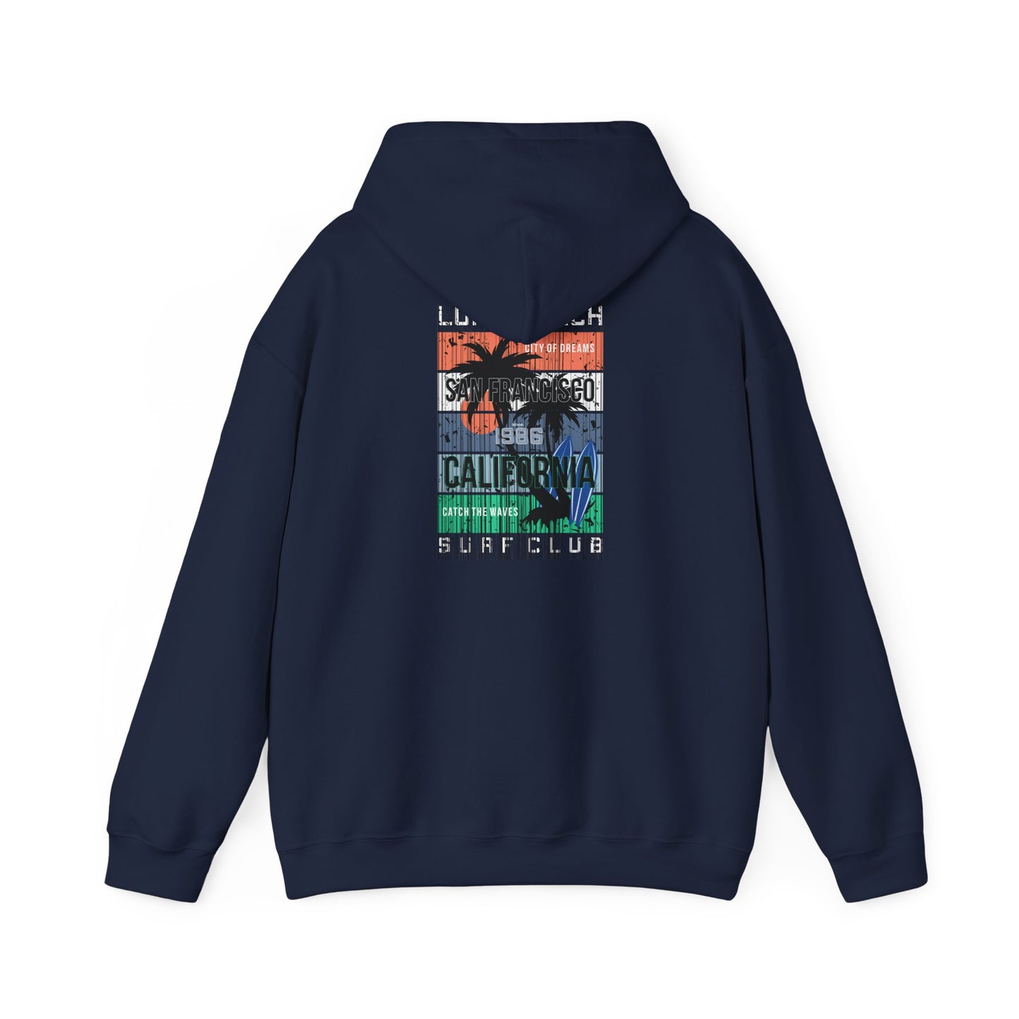Chic navy hoodie presenting a striking San Francisco surf club graphic, elegantly designed for those who appreciate coastal fashion.