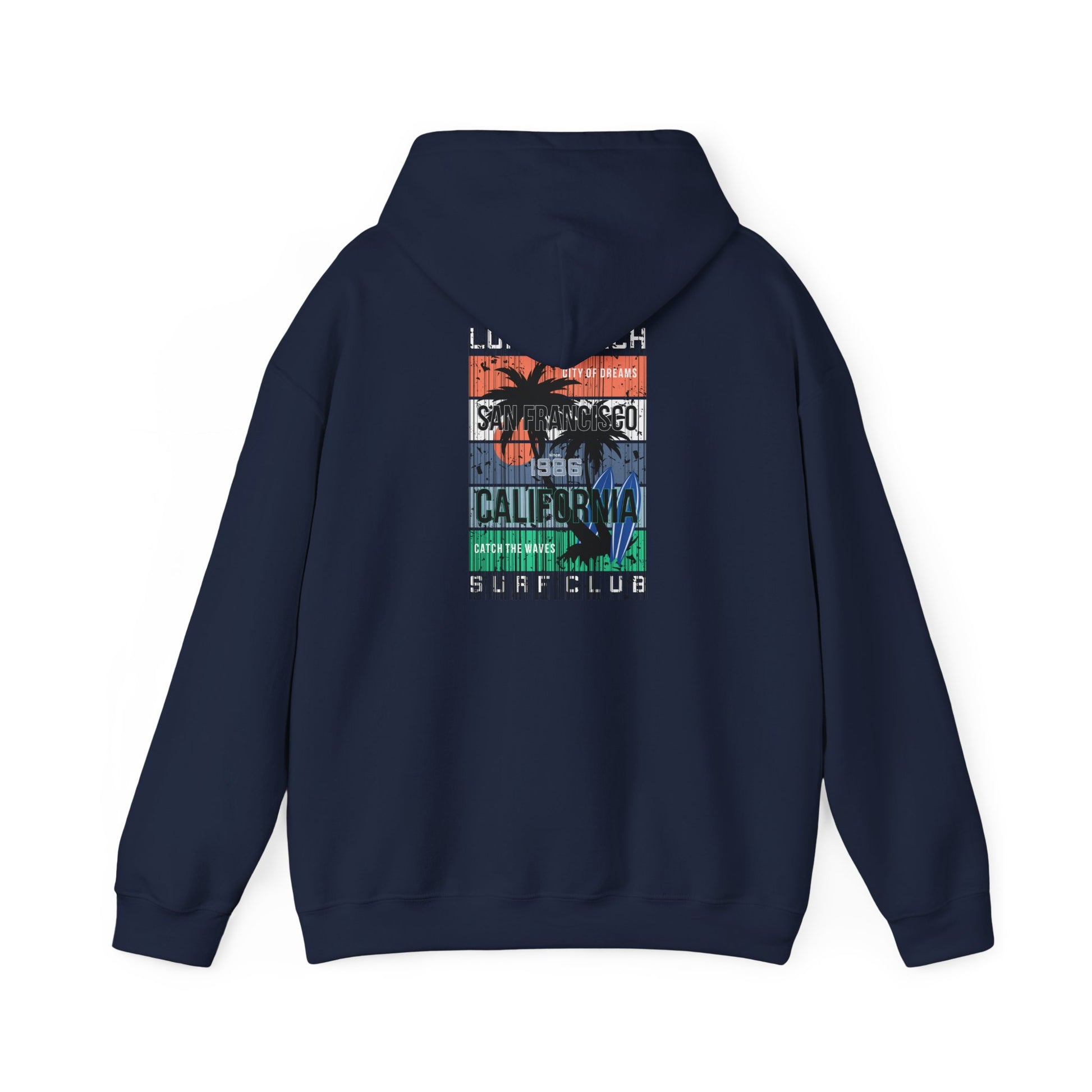 Chic navy hoodie presenting a striking San Francisco surf club graphic, elegantly designed for those who appreciate coastal fashion.