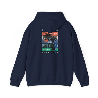Chic navy hoodie presenting a striking San Francisco surf club graphic, elegantly designed for those who appreciate coastal fashion.
