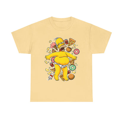 Homer's Gluttonous Glory Unisex Cotton Tee Graphic T Shirt in yellow, showcasing a vibrant illustration of Homer Simpson celebrating his love for food with iconic treats like hamburgers and soda.