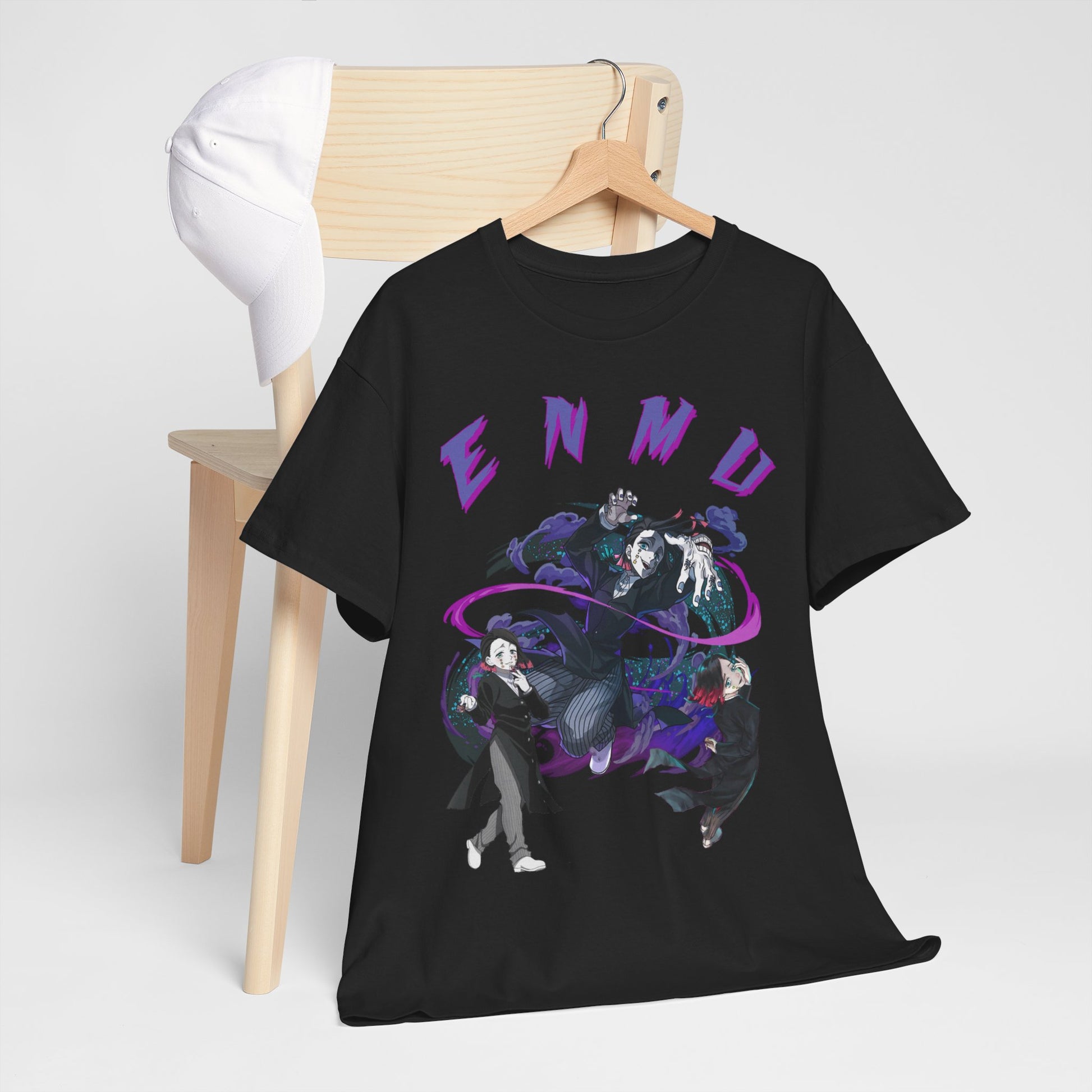 Luxury Enmu-inspired black Demon Slayer graphic T-shirt, exquisitely designed with vibrant artwork showcasing powerful anime characters against a stylish purple and dark grey backdrop.
