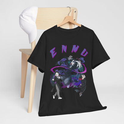 Elegant Enmu-Inspired Demon Slayer T-shirt displayed against a minimalist backdrop, highlighting the captivating graphic design in vibrant hues against a classic black base.