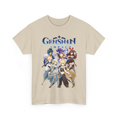 A stylish display of the Genshin Impact T-Shirt, showcasing intricate artwork of iconic characters in vibrant colours, appealing to anime fans and gamers alike.