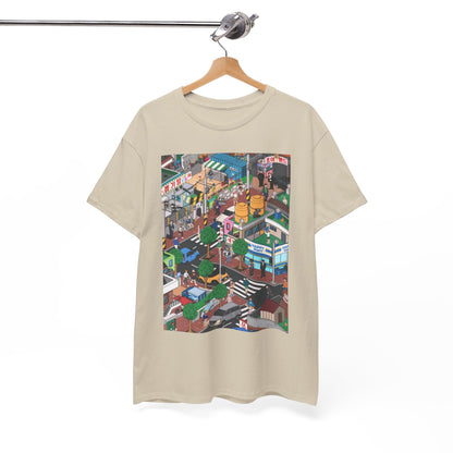 Beige graphic t-shirt displayed on a wooden hanger, showcasing a vibrant street illustration, ideal for fans of unique and quirky fashion.
