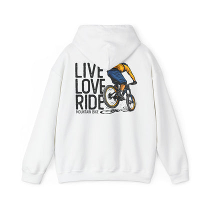 Stylish white hoodie featuring a dynamic back print with the inspiring phrase 'LIVE LOVE RIDE' and an action-packed illustration of a mountain biker, perfect for biking enthusiasts looking for a fashionable statement piece.