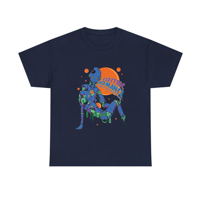 Electric Romance Men's T-shirt in navy adorned with striking robot designs and a luminous orange circle, embodying a blend of comfort and modern artistry.