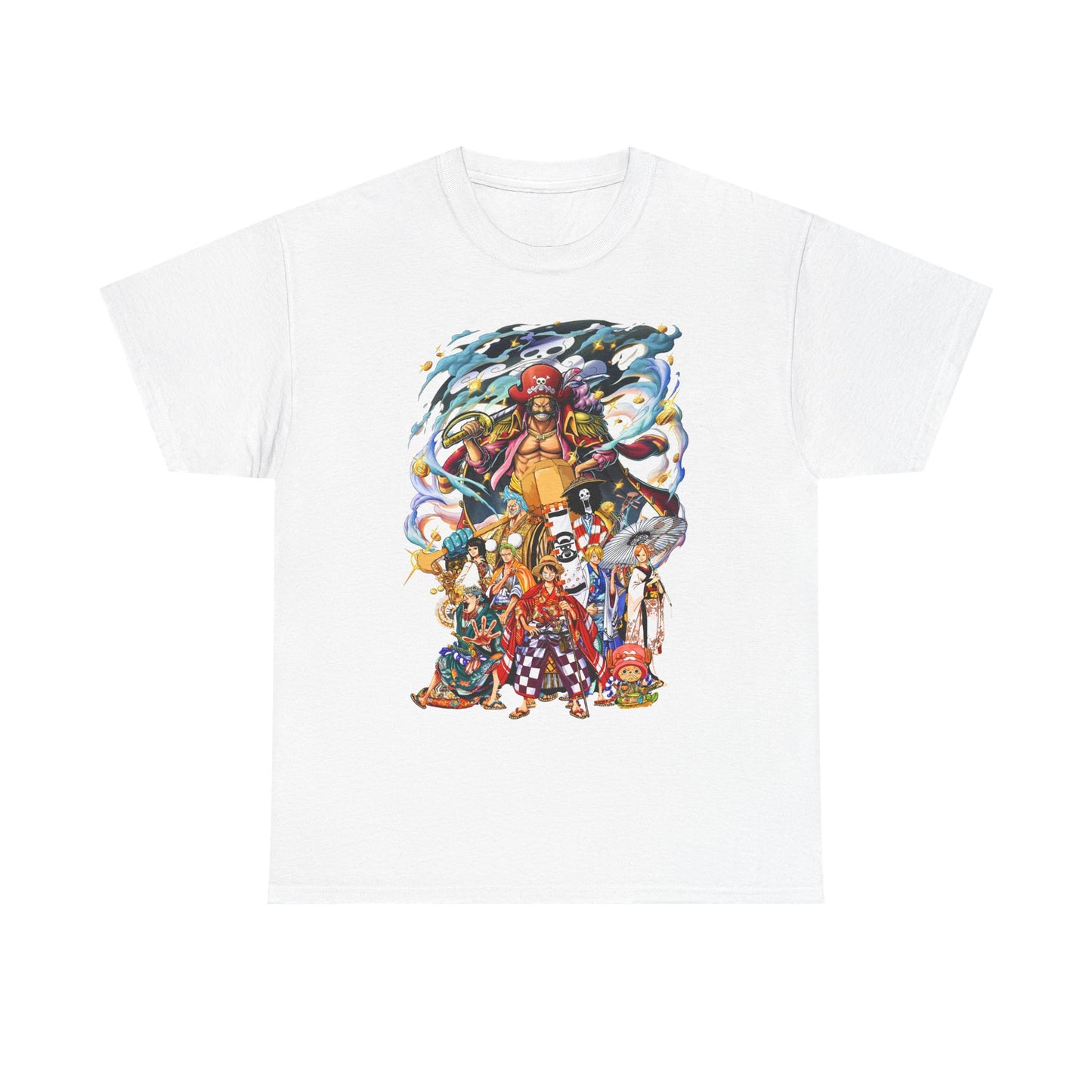Elegant Epic 1 Piece Adventure Men's T-Shirt in white showcasing intricate anime character designs, ideal for trendsetters looking to elevate their wardrobe.